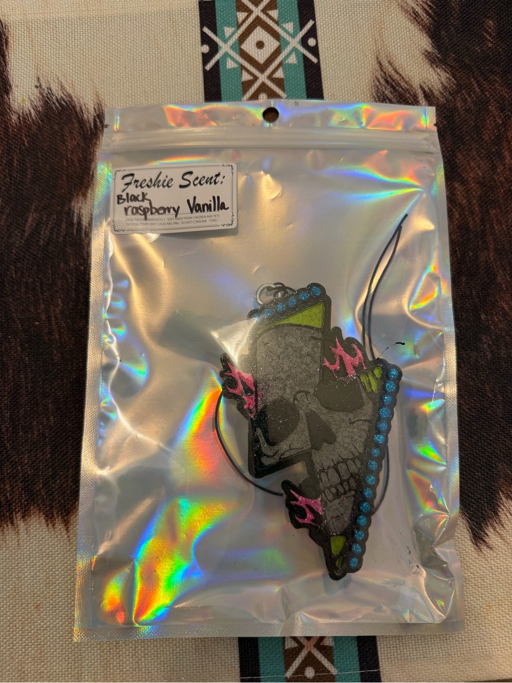 Freshie Scent Black Raspberry Vanilla Skull Air Freshener - Holographic Silver